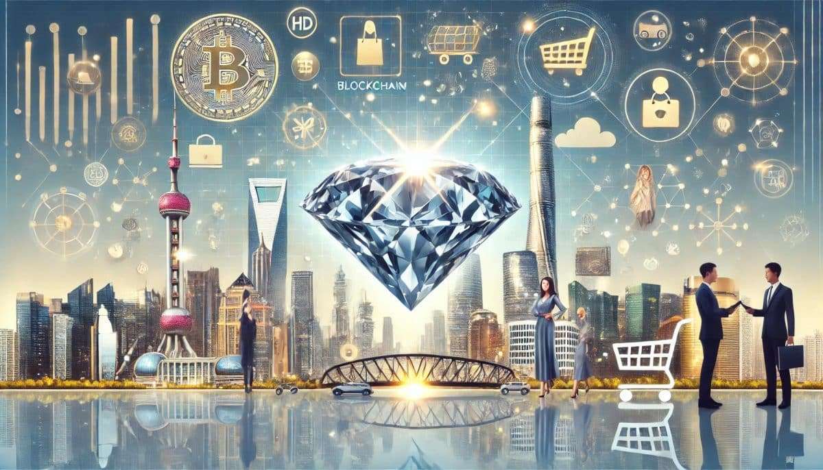 A high-definition digital illustration featuring a sparkling diamond set against the iconic Shanghai skyline, including skyscrapers like the Shanghai Tower. The image incorporates blockchain symbols, e-commerce shopping carts, and elegantly dressed millennial buyers, symbolizing innovation, luxury, and growth. The premium color palette includes gold, silver, and shades of blue, creating a sophisticated and futuristic aesthetic