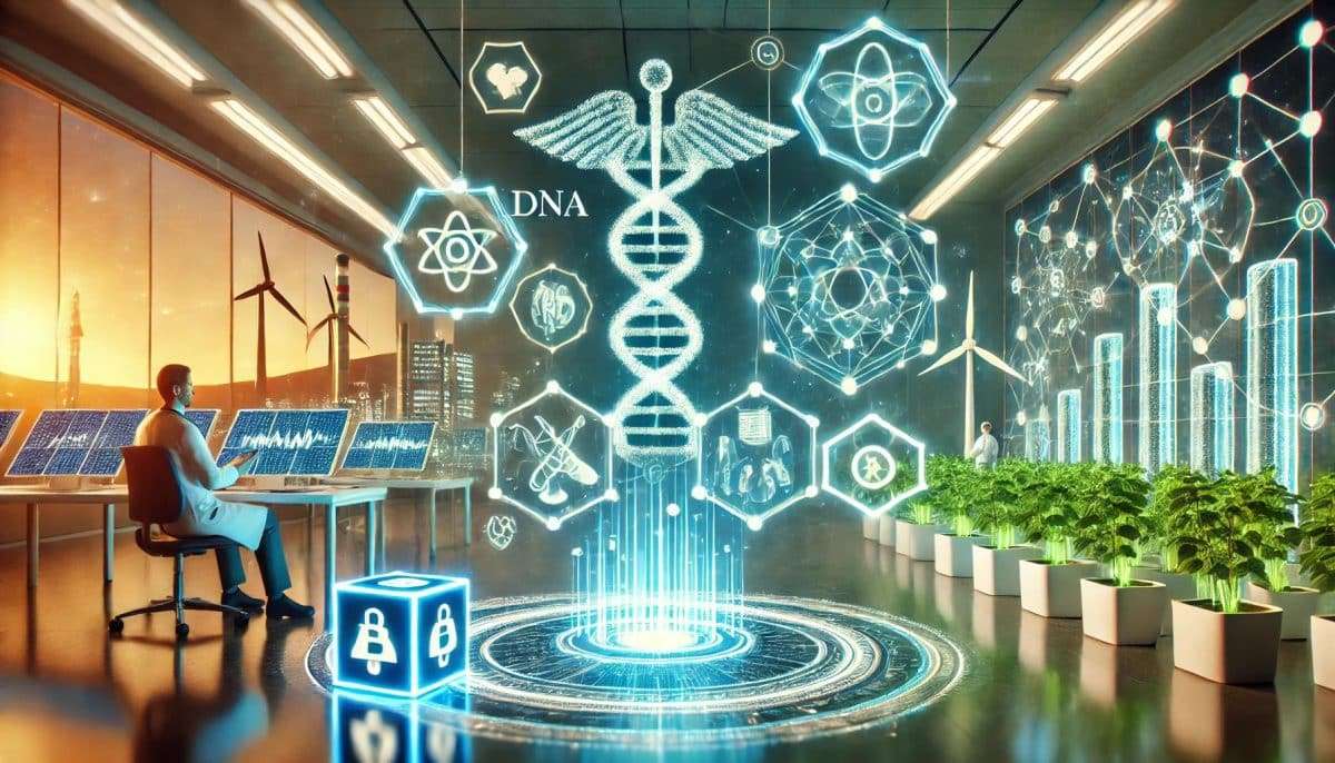 Futuristic scene showcasing the intersection of modern healthcare, clean energy innovations, and blockchain technology in a high-tech laboratory setting with vibrant neon lighting.