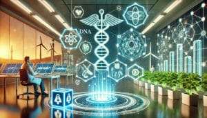 Futuristic scene showcasing the intersection of modern healthcare, clean energy innovations, and blockchain technology in a high-tech laboratory setting with vibrant neon lighting.