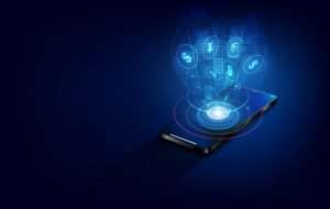 Smartphone with digital hologram projection of cryptocurrency symbols indicating mobile crypto payment solutions on a dark blue background.