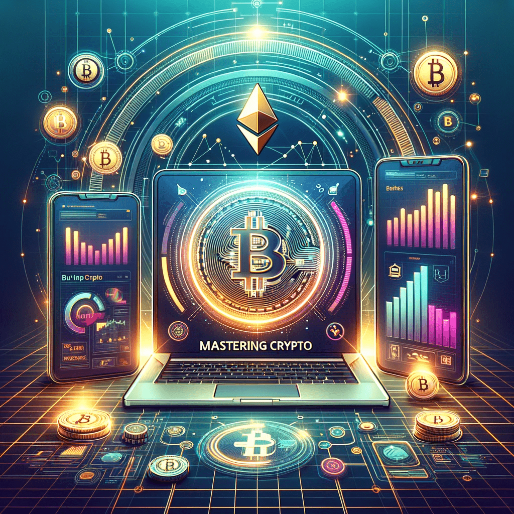 Modern and vibrant featured image for a cryptocurrency blog, showcasing Bitcoin and Ethereum symbols, digital trading graphs on a laptop, and a smartphone set against a sleek, futuristic digital finance-themed background, with the title 'Mastering Crypto: Your Ultimate Guide to Buying and Trading Online' prominently displayed