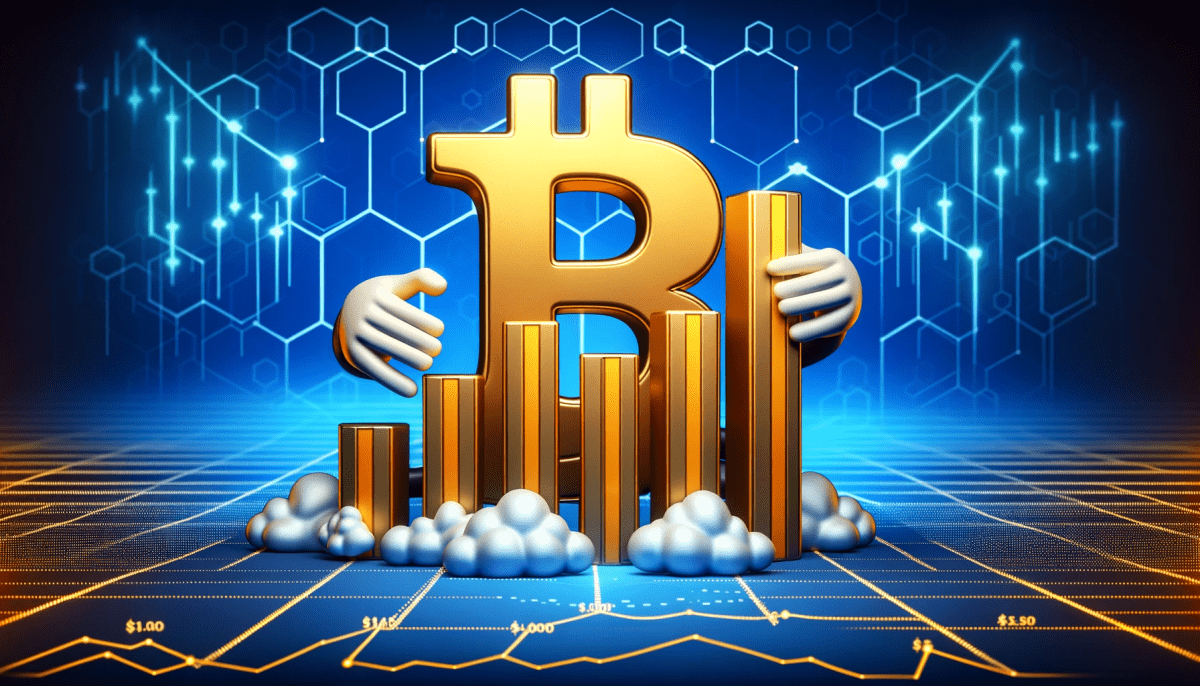 Bitcoin cryptocurrency concept with a golden Bitcoin symbol and cartoon hands, showcasing market growth with rising bar charts indicating values of $50,000 and $120,000 against a digital blue hexagonal pattern background