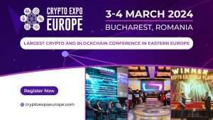 Attendees networking at Crypto Expo Europe 2024 in Bucharest, Romania, showcasing engaging panel discussions, award-winning cryptocurrency platforms, and the largest blockchain conference in Eastern Europe
