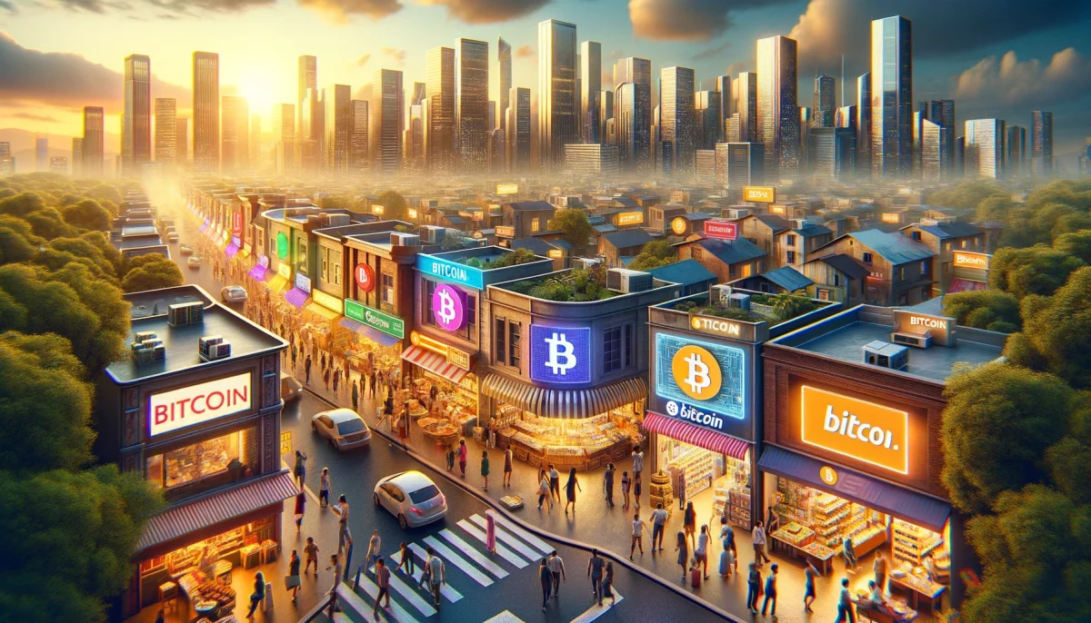 Vibrant cityscape at sunset with Bitcoin logos adorning shop fronts, indicating cryptocurrency acceptance, with bustling streets of pedestrians and shoppers engaging in commerce, surrounded by modern skyscrapers under a glowing sky.