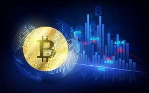 Golden Bitcoin coin symbolizing digital currency with global network lines on a dark background, overlaid with a dynamic blue graph and red trend line depicting fluctuating cryptocurrency values and financial analytics