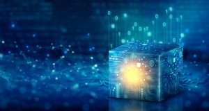 3D rendered concept of blockchain technology with glowing digital cube on blue binary code background symbolizing system security, data encryption, and smart contract verification.