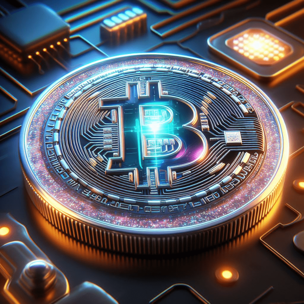 3D rendering of a stylized Bitcoin resting on a circuit board, showcasing futuristic technology and cryptocurrency concept