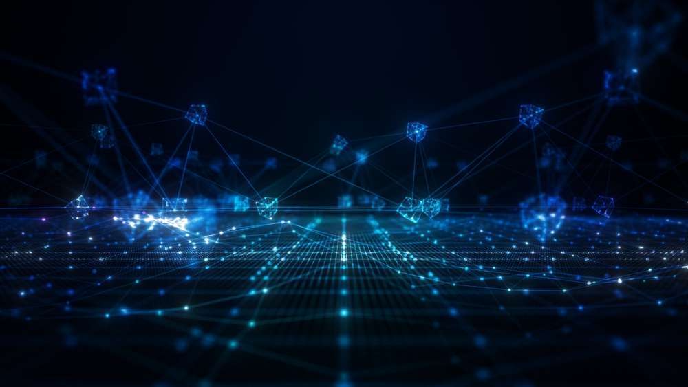 Digital representation of a blockchain network with interconnected nodes and illuminated connections symbolizing a futuristic and secure decentralized ledger technology