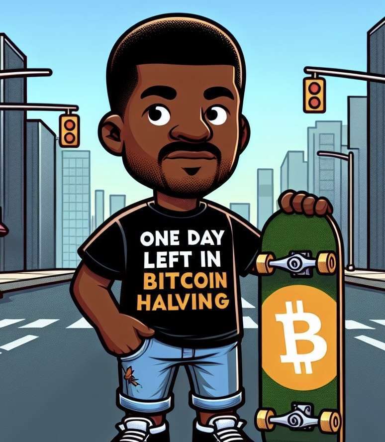 Cartoon of a man holding a skateboard with a Bitcoin logo, wearing a T-shirt reading 'ONE DAY LEFT IN BITCOIN HALVING' against a cityscape background