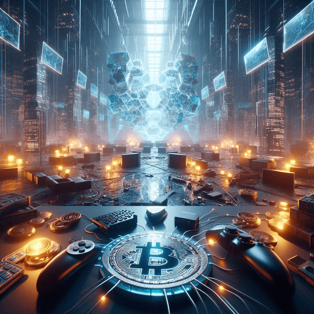 A futuristic scene depicting a large, glowing blockchain structure in a high-tech environment with multiple screens displaying data. The floor is scattered with various tech devices and consoles. In the foreground, a close-up of a table with a Bitcoin symbol, gaming controllers, and other cryptocurrency elements.