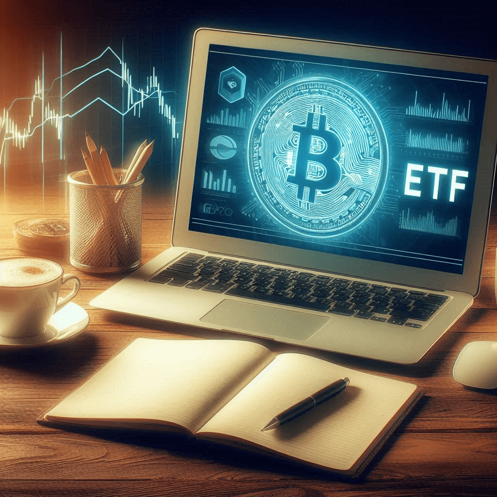 Digital representation of Bitcoin ETF on a laptop screen, highlighting the concept of accessible cryptocurrency investment for traditional investors.