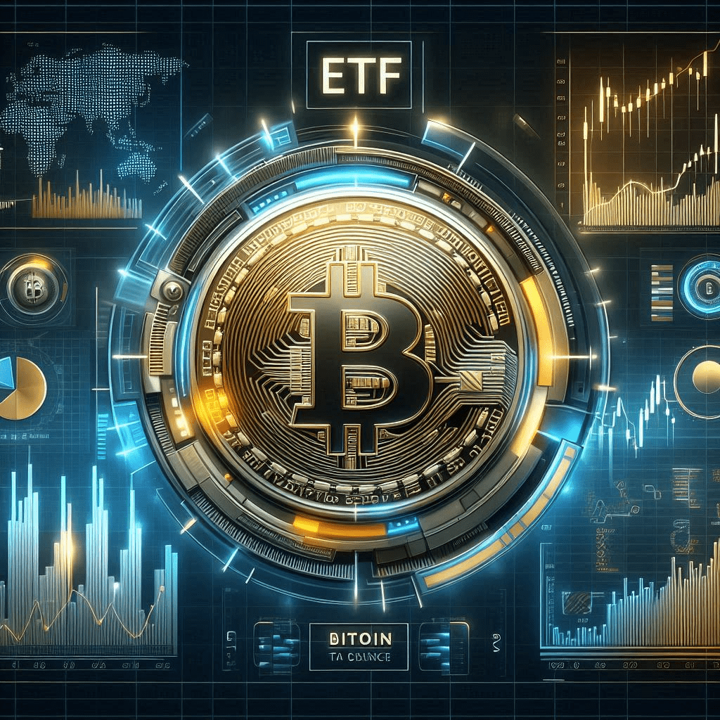 "Digital illustration of Bitcoin symbol surrounded by financial charts and data, representing the influence of Bitcoin on the value of Bitcoin ETFs.