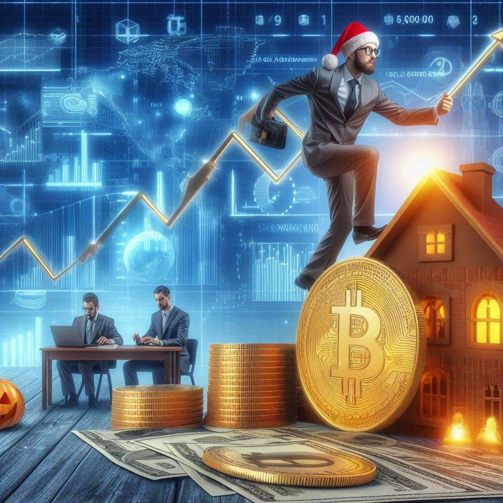 A businessman in a Santa hat holding a briefcase, jumping upward along a rising financial chart line, symbolizing the bullish trend of Bitcoin's price. The background features futuristic digital financial data, world maps, and technical charts. In the foreground, two men in suits work at a desk with laptops, surrounded by stacks of gold coins, Bitcoin tokens, and US dollar bills, indicating the financial growth and market optimism for cryptocurrency. A miniature house and Halloween pumpkin add unique elements to the scene, reflecting diverse themes in the financial landscape.