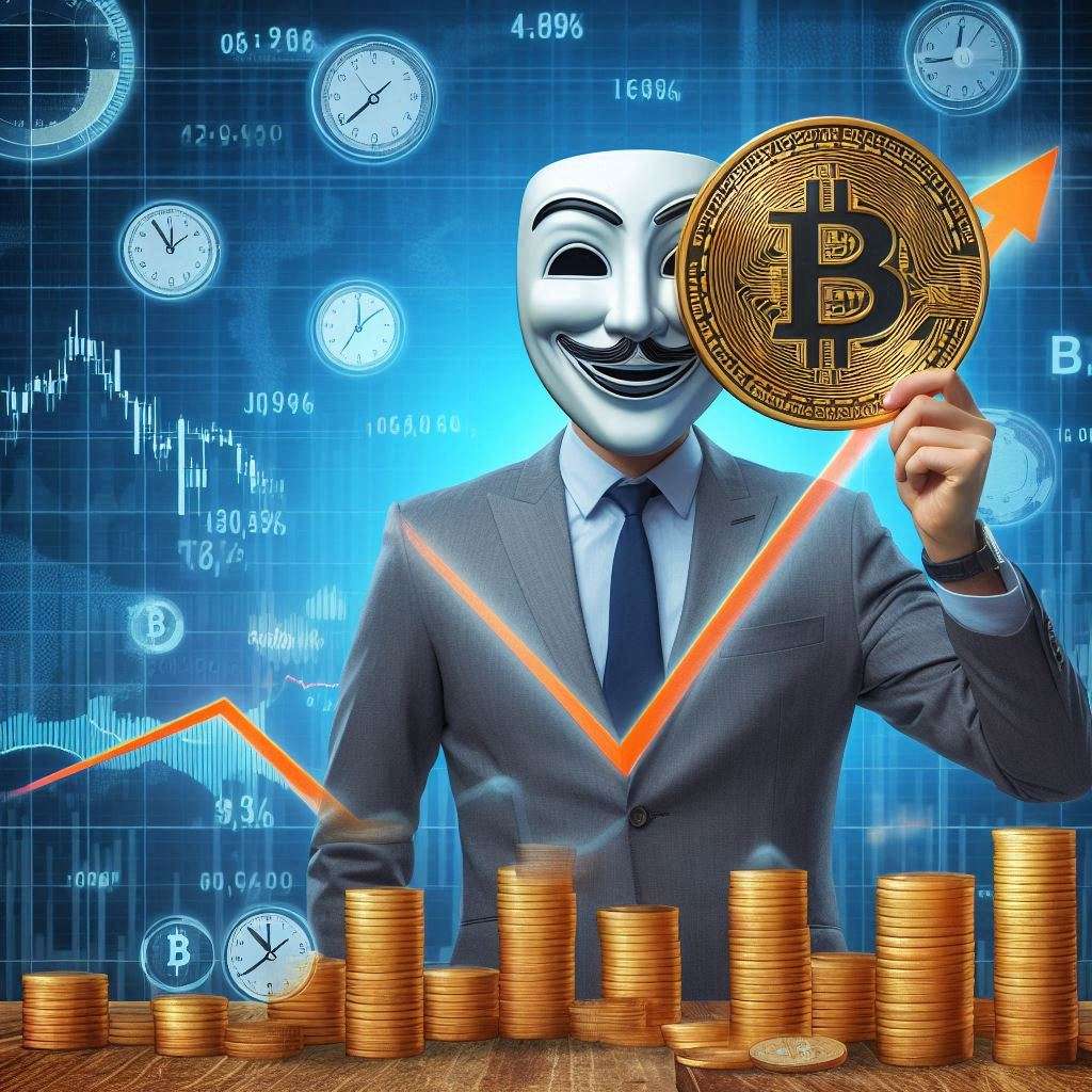 A person in a suit wearing a Guy Fawkes mask holding a large Bitcoin coin against a background of financial charts and clocks, symbolizing the predicted rise in Bitcoin's price. The scene includes stacks of gold coins and upward trending arrows, reflecting bullish market sentiment for cryptocurrency.