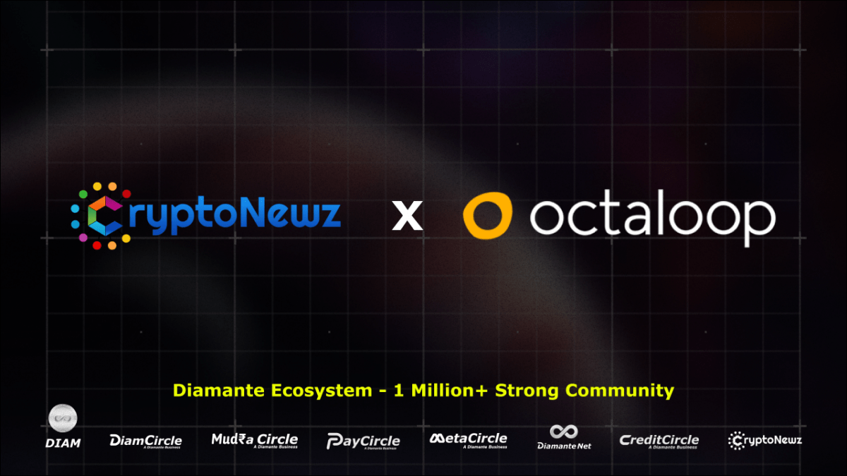 The image showcases a partnership announcement between CryptoNewz and Octaloop, featuring their logos prominently in the center. Below, it highlights the Diamante Ecosystem, emphasizing its strong community of over 1 million members. The bottom section displays the logos of various Diamante businesses, including DIAM, DiamCircle, MudraCircle, PayCircle, MetaCircle, Diamante Net, CreditCircle, and CryptoNewz. The background has a dark grid pattern, providing a modern and professional look.