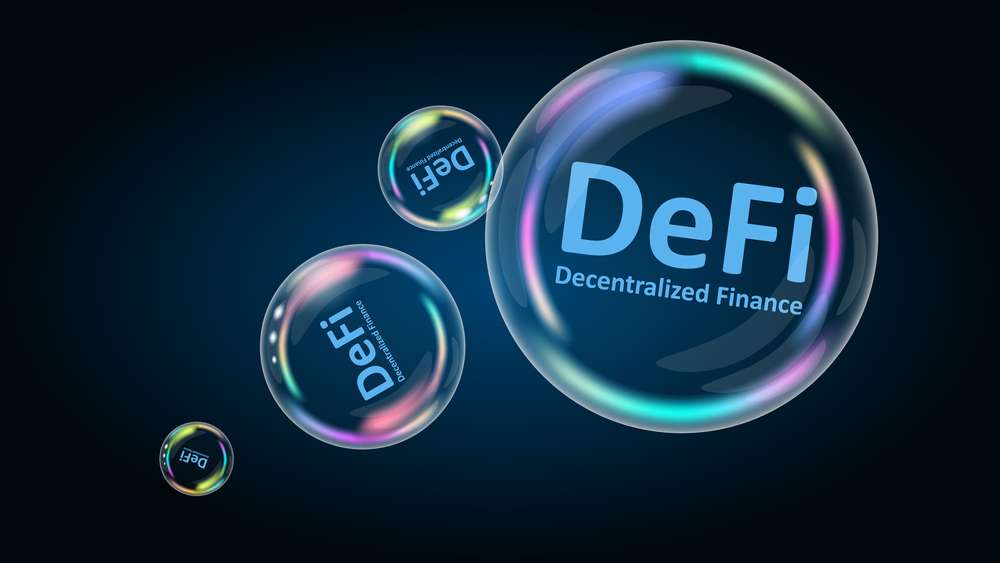 Graphic of colorful bubbles labeled 'DeFi Decentralized Finance' representing the concept of decentralized finance in the cryptocurrency industry.