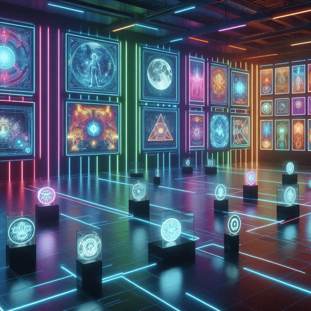 Neon-lit digital art gallery showcasing futuristic NFTs related to Bitcoin mining by GoMining, highlighting technological advancements and the intersection of blockchain and digital art