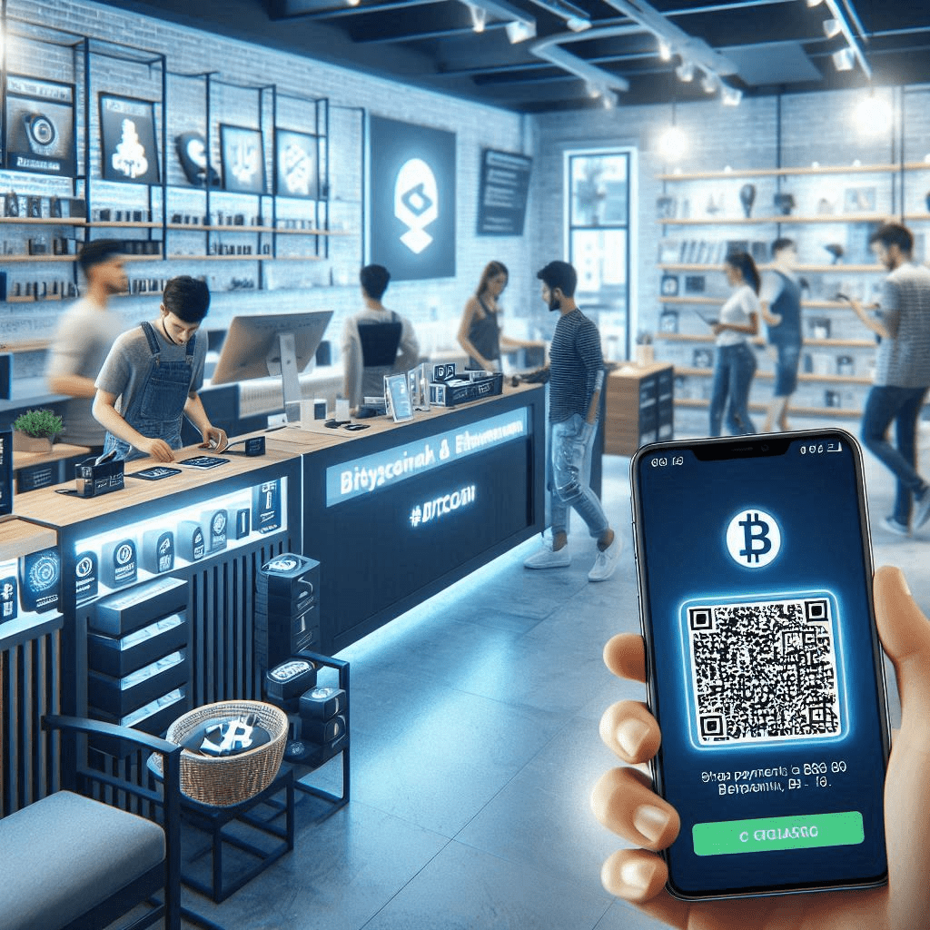 The image shows the interior of a modern cryptocurrency exchange store, bustling with activity. People are interacting with staff at the counters and exploring various digital displays. The store features sleek, contemporary design elements, emphasizing a tech-savvy atmosphere. Prominent in the foreground is a hand holding a smartphone displaying a Bitcoin QR code, suggesting the ease of transactions. The store signage includes the names "Bitycoinah & Ethmanum," indicating a focus on Bitcoin and Ethereum transactions. The hashtag "#DITCOM" is also visible, possibly representing the store's branding or a specific campaign related to digital currencies.