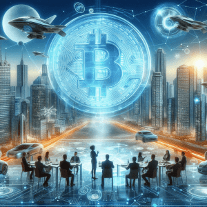 Futuristic cityscape showcasing the integration of blockchain technology with a large Bitcoin symbol, flying cars, and a digital boardroom of professionals discussing tokenized real-world assets.