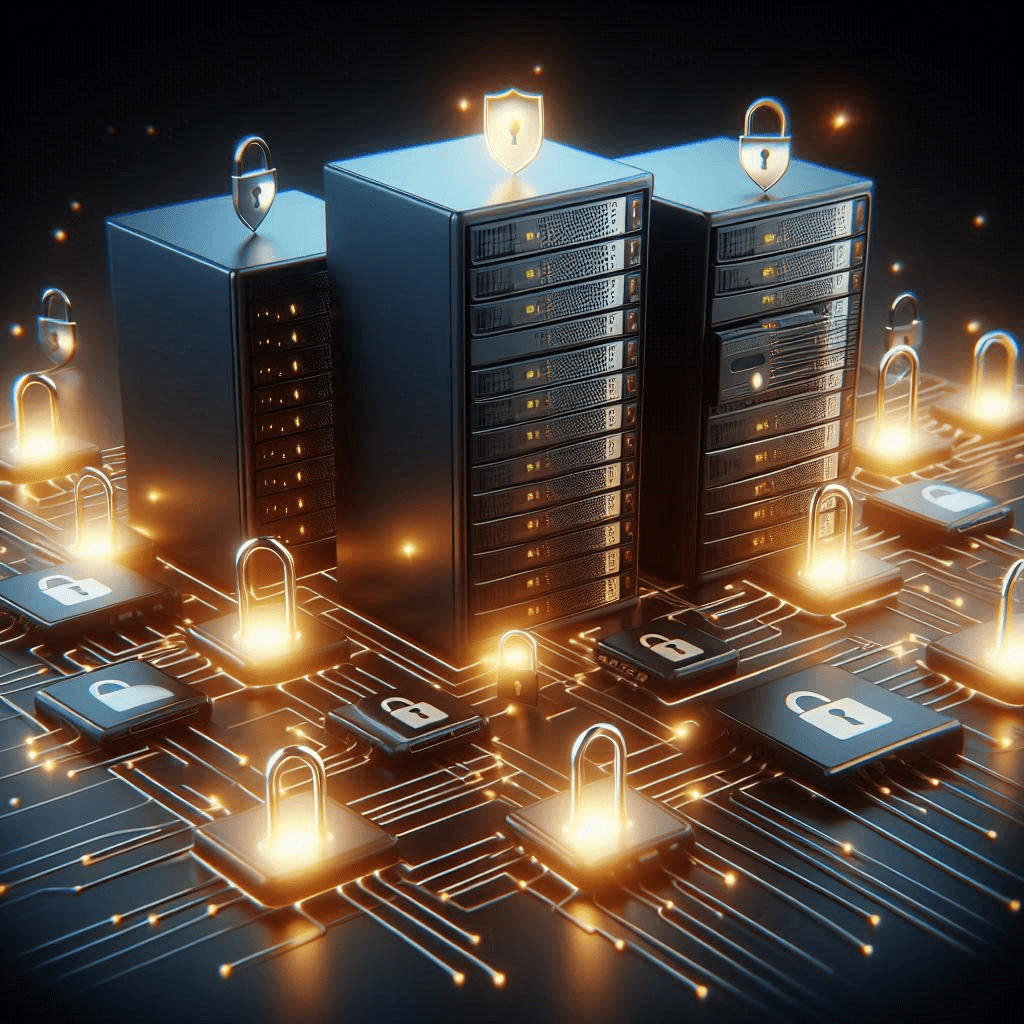 Digital illustration of secure data servers in a network environment, featuring racks with glowing security shields and padlock icons, symbolizing advanced cybersecurity measures in a modern data center