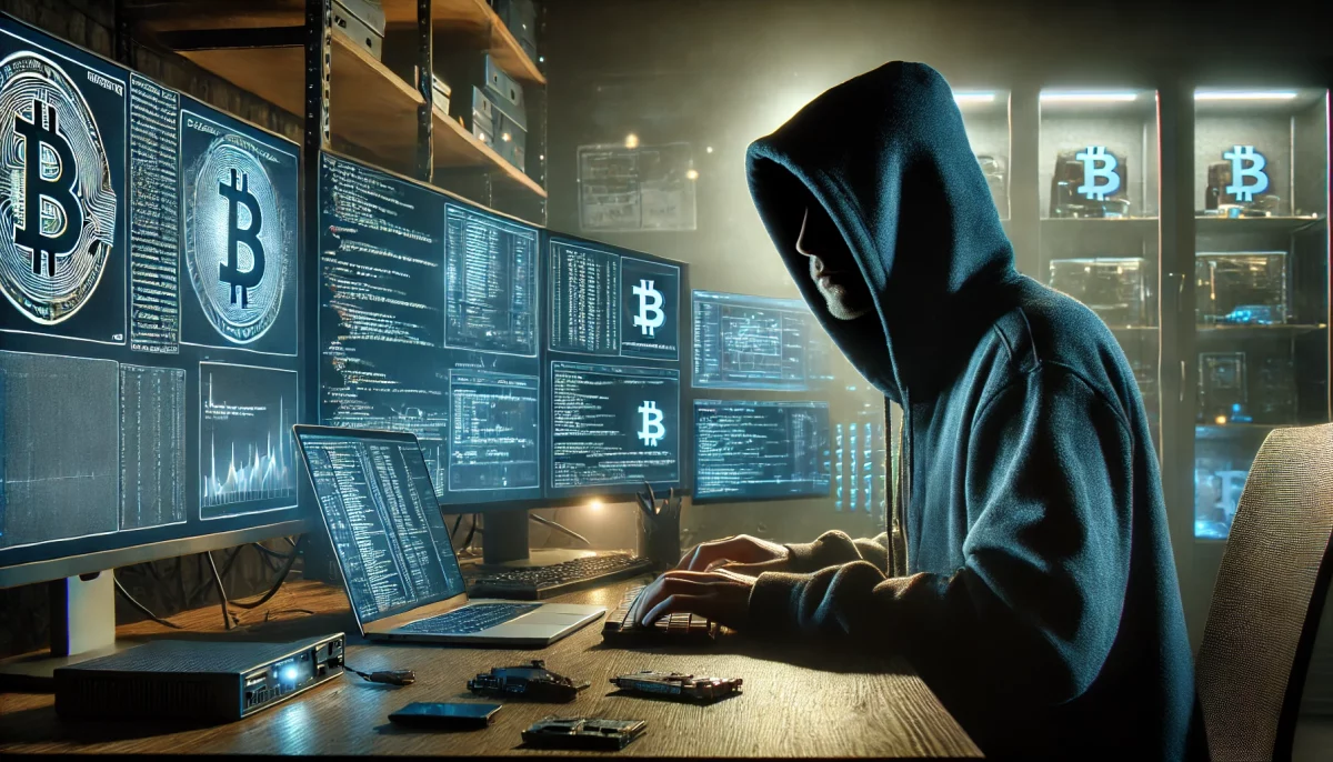 Crypto hacker working in a dark room filled with high-tech equipment, focused on computer screens showing graphs and code, with a cluttered desk in the background.