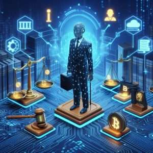 Illustration of a digital AI-powered legal assistant standing on a circuit board with symbols of justice, blockchain, and cryptocurrency, representing the fusion of technology and law in the DeLaw movement, enhancing accessibility and efficiency in legal services.