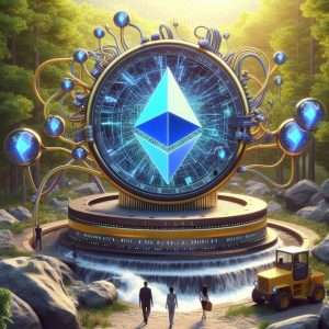 A futuristic illustration depicting the Ethereum logo on a large digital display surrounded by interconnected nodes and technological elements. The scene is set in a natural environment with trees and rocks, highlighting the integration of technology with nature. People and machinery are present, symbolizing institutional adoption and infrastructure development for Ethereum's growth towards the $4,000 mark