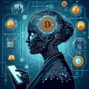 Digital illustration of a person interacting with cryptocurrency technology, showcasing Bitcoin and various digital currency icons. The image symbolizes the integration of AI, mobile payments, and blockchain in modern finance