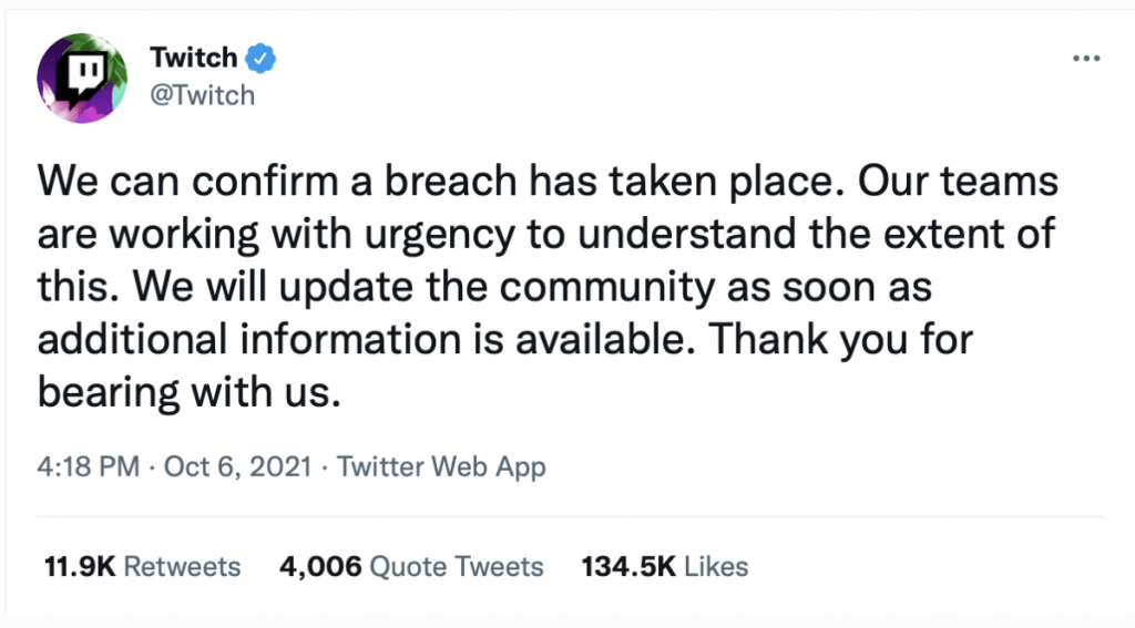 Official Twitter announcement from Twitch on October 6, 2021, confirming a security breach and informing the community that the team is urgently investigating the issue, with further updates to follow