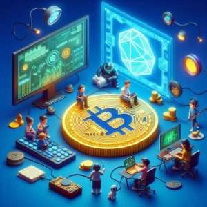Illustration of Web3 gaming, featuring players interacting with blockchain technology and cryptocurrency elements like Bitcoin, in a futuristic digital environment with screens displaying decentralized networks and encrypted data, symbolizing the intersection of gaming and blockchain