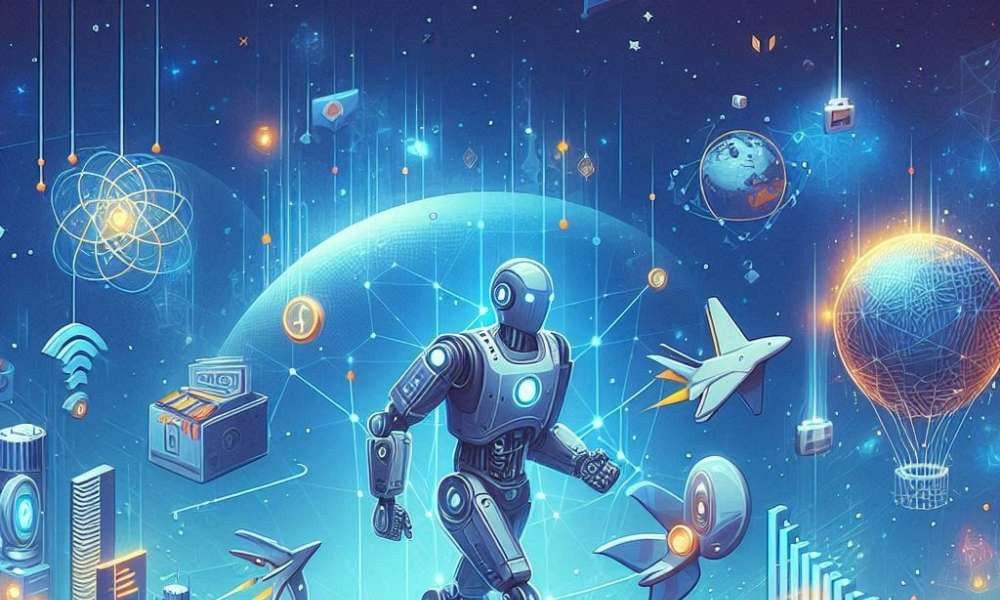 Futuristic illustration of a robot navigating a digital landscape, symbolizing the integration of AI, blockchain, and emerging technologies within the global digital economy. The image features elements such as cryptocurrency, data analytics, and global connectivity, reflecting advancements in technology, Web3, and the metaverse.