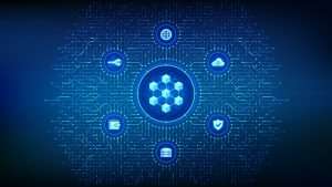 Abstract digital illustration representing Decentralized Physical Infrastructure Networks (DePIN) technology with interconnected icons symbolizing blockchain, cloud computing, data storage, and security on a circuit board background.