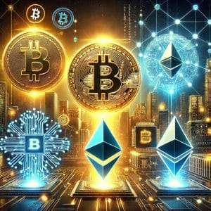 Futuristic digital artwork representing top cryptocurrency projects of 2025, featuring Bitcoin, Ethereum, Solana, Chainlink, and Polkadot in a cyberpunk-inspired setting