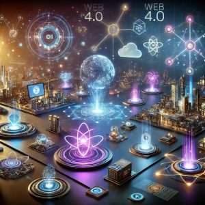 Futuristic Web 4.0 concept visualizing interconnected digital ecosystems with AI, blockchain, IoT, and quantum computing, depicted with neon colors and sleek design.
