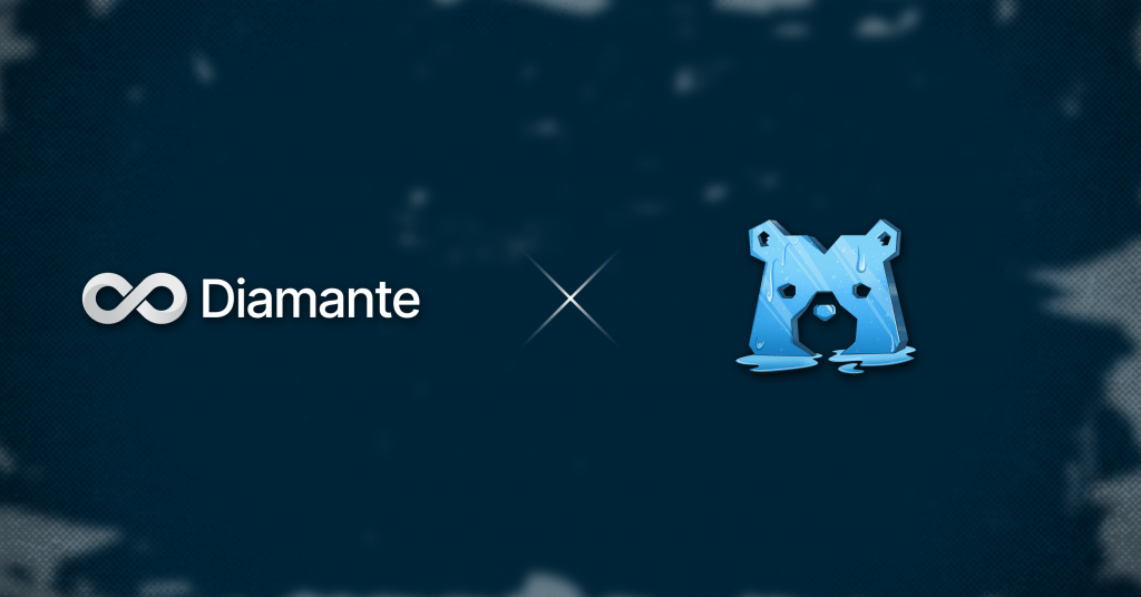Diamante partners with Melting (depicted by logos on a dark blue background with a subtle texture). The image features the Diamante logo with an infinity symbol and the Melting logo represented by a stylized icy bear face. A sleek "X" in the center signifies collaboration.