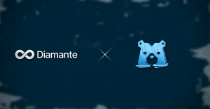 Diamante partners with Melting (depicted by logos on a dark blue background with a subtle texture). The image features the Diamante logo with an infinity symbol and the Melting logo represented by a stylized icy bear face. A sleek "X" in the center signifies collaboration.