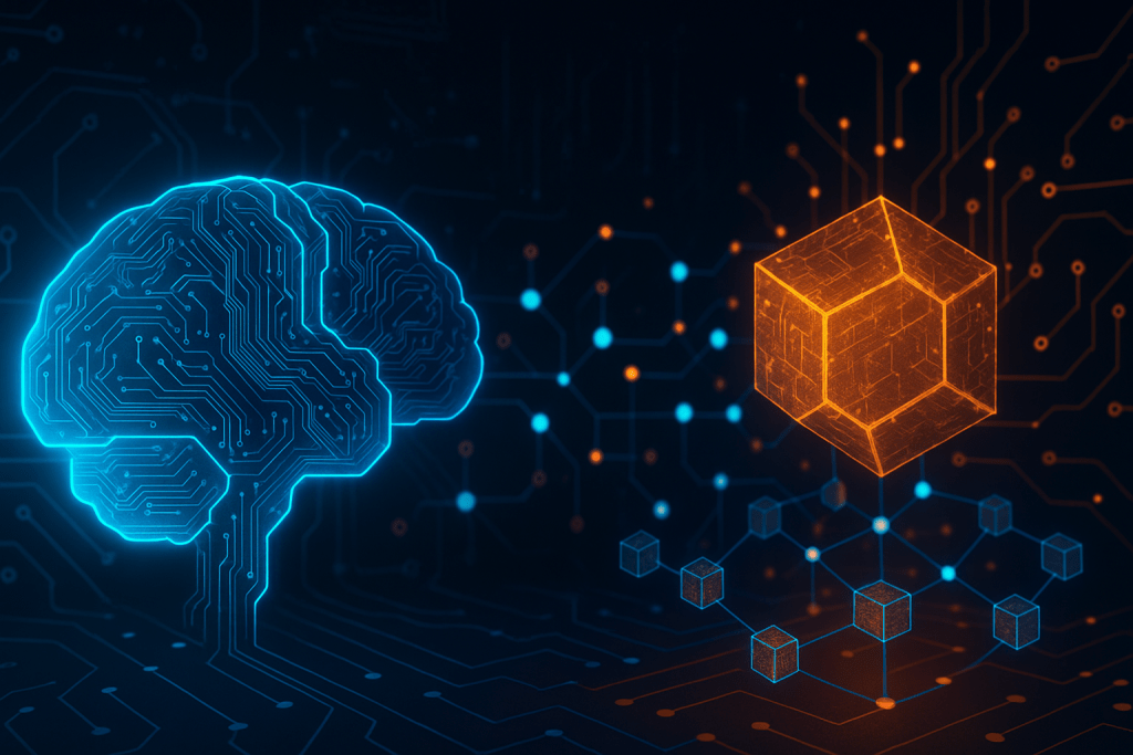Realistic 3D illustration showcasing the integration of artificial intelligence and blockchain, with a glowing neural circuit brain and a networked cube symbolizing decentralized data systems.