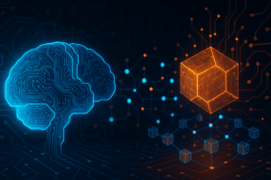 Realistic 3D illustration showcasing the integration of artificial intelligence and blockchain, with a glowing neural circuit brain and a networked cube symbolizing decentralized data systems.
