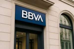 Facade of BBVA bank branch in Spain, showcasing modern European architecture, symbolizing traditional banking embracing cryptocurrency in 2025