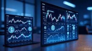 Futuristic digital interface showing Bitcoin price charts and $200K trend visuals with ETF and institutional adoption graphics on a sleek background.